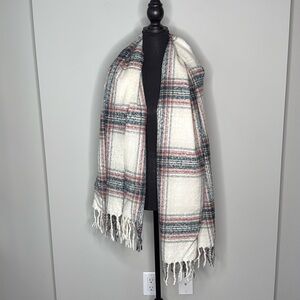 Free Press Nordstrom Plaid Scarf in Cream w/Navy & Red 66" x 26"